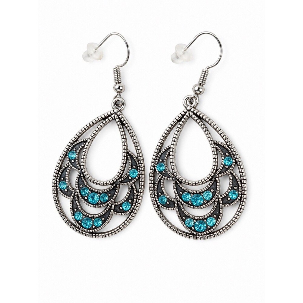Aqua Blue Rhinestone Teardrop Dangle Earrings Silver Tone Filigree - Picture 2 of 6